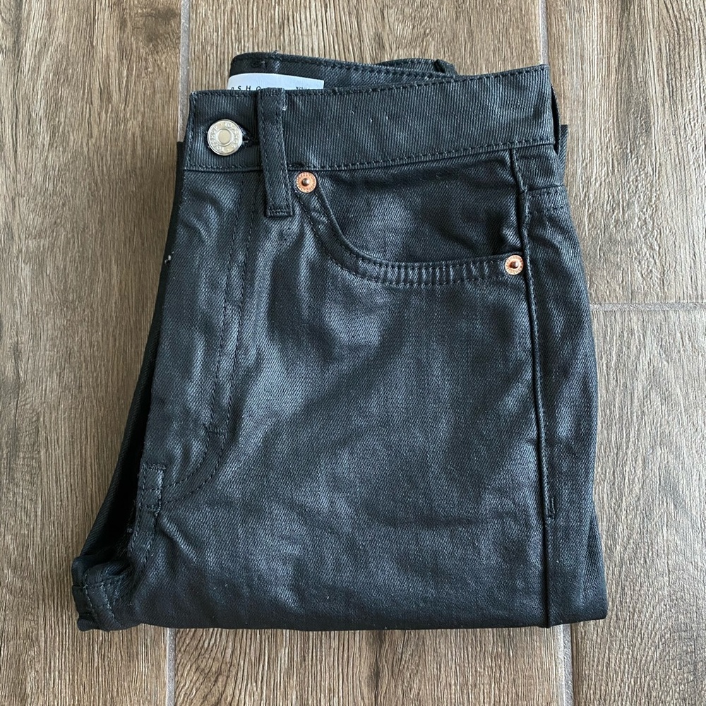 Black Coated Raw Hem Straight Jeans